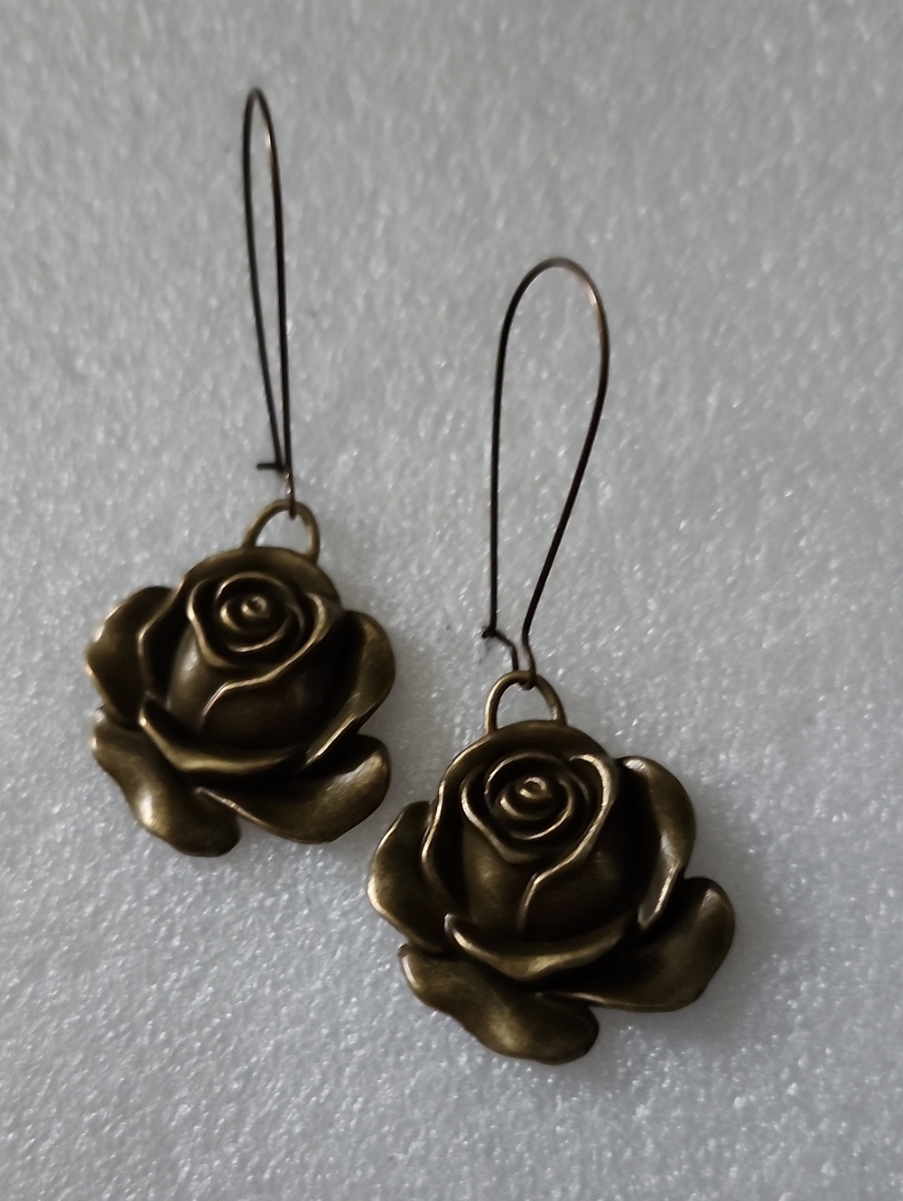 Hand Crafted Antique Gold Tone Rose Drop Earrings